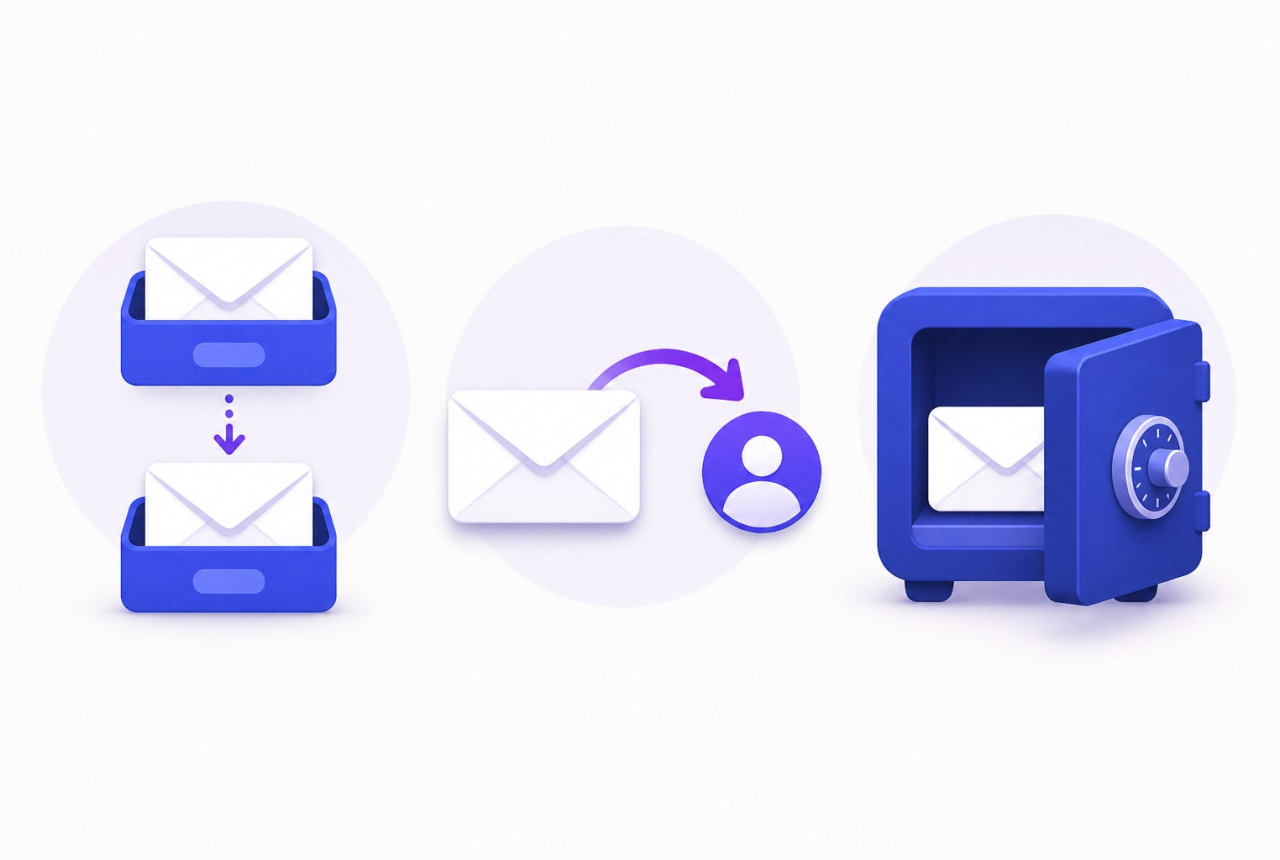 Différence entre migration, transfert et sauvegarde d'emails illustrée par trois schémas