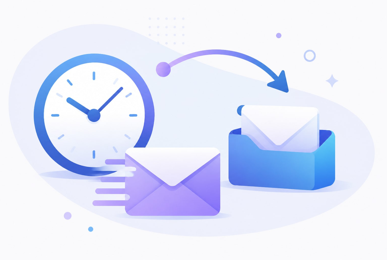 Horloge et enveloppe illustrant la durée d'une migration de mails